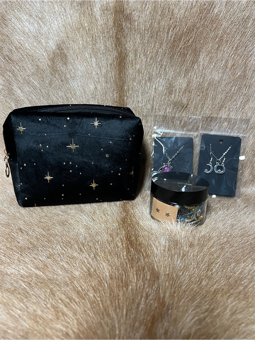 Velvet Star Embroidered Black Velvet Cosmetic Bag jewelry jar